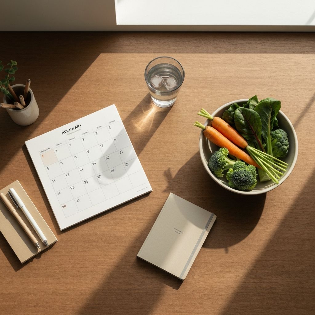 Organized workspace with planner and vegetables